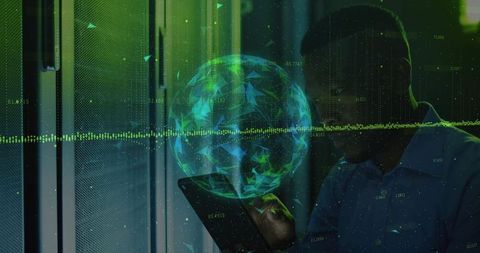 IT Technician Holding Tablet Analyzing Holographic Globe and Data Waveform in Server Rack