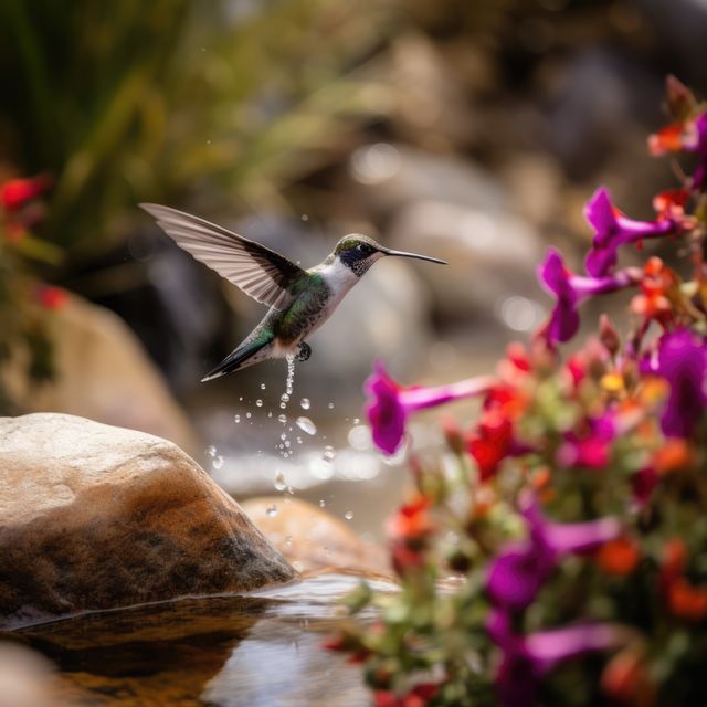 Hummingbird hovering by purple flower with water drops, created using generative ai technology. Beauty in nature, wildlife, agility and feeding concept digitally generated image.