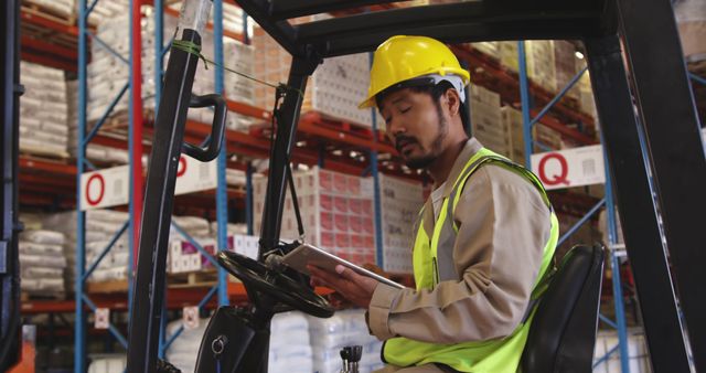 Focused asian male warehouse worker sitting in driving forklift truck and using tablet in warehouse. Business, work, shipping, storage, technology, communication and industry, unaltered.