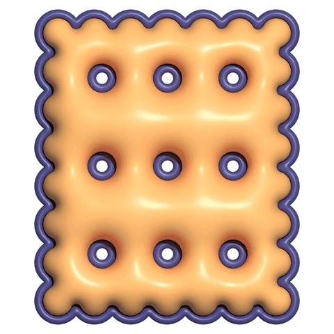 Glossy 3d biscuit with purple scalloped edge and nine perforations on transparent background