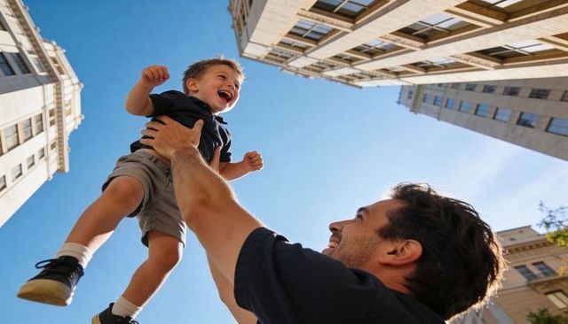 Father lifting laughing toddler between city skyscrapers under clear blue sky