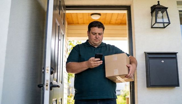 Man Checking Smartphone While Holding Package at Front Door for Home Delivery Tracking