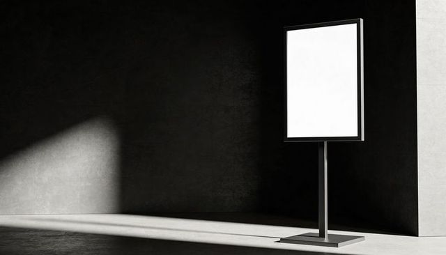 Minimal freestanding display panel with blank vertical canvas and dramatic concrete shadows
