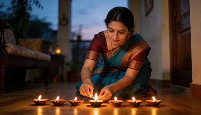 Indian woman lighting clay lamps in silk saree for diwali ritual at dusk