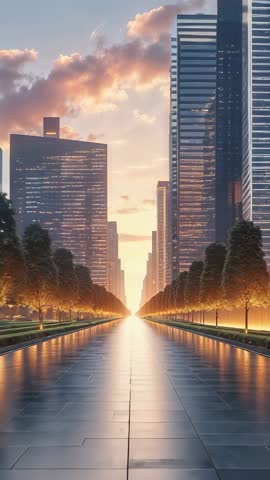 Vertical cityscape video: sun descending between skyscrapers over reflective plaza