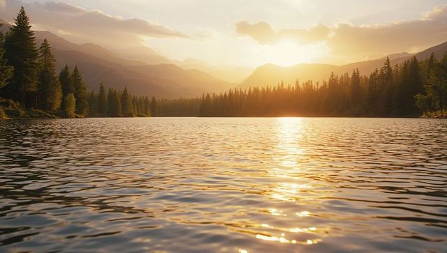 Peaceful Mountain Lake Sunset with Majestic Peaks and Pine Trees
