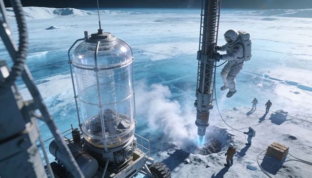 Astronaut Climbing Ladder on Lunar Ice While Drill Module Extracting Ice Vapor