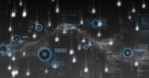 Pulsing Data Wave Crossing Virtual HUD with Binary Rain, Neon Cyan Futuristic Interface