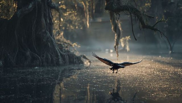 Heron Gliding over Moody Swamp at Dawn