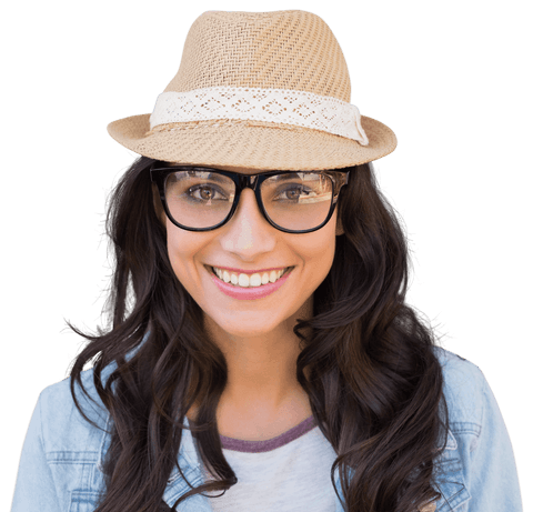 Caucasian woman smiling with summer hat on transparent background