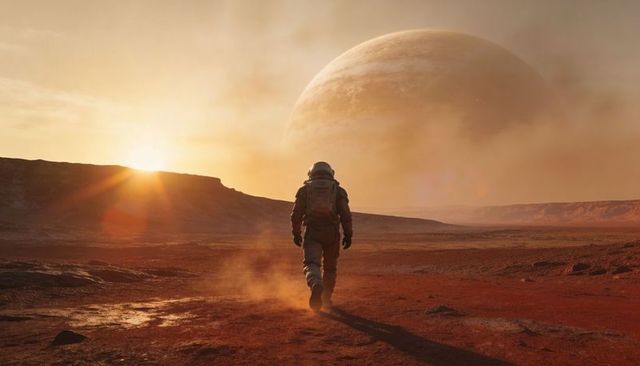 Astronaut Walking Across Red Planet Plain Toward Massive Gas Giant at Sunset Cinematic Sci-Fi