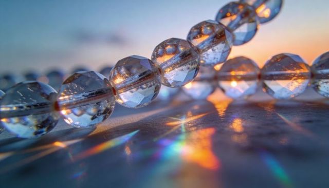 Faceted crystal beads catching sunlight and casting rainbow prism reflections