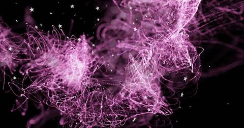 Swirling magenta neon filaments forming luminous cosmic wave with scattered star specks