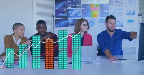 Team Collaborating on Data Analytics Strategy with Interactive Charts and Infographics