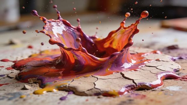 Splashing multicolor paint crown on cracked clay with airborne droplets and vibrant pigment