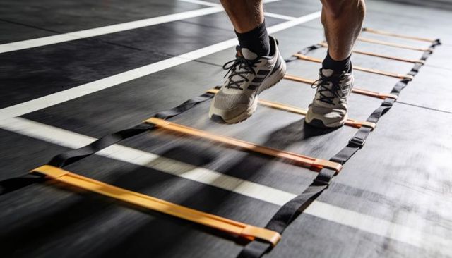 Agility ladder footwork training showing quick feet, speed, focus and athletic motion