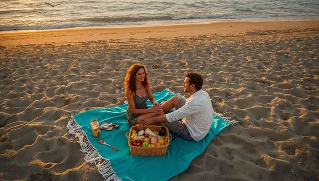 Couple Sharing Sunset Beach Picnic on Turquoise Blanket with Wine and Fruit Basket