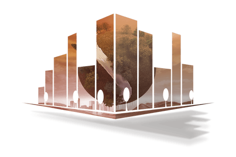 Transparent globe on abstract screen with urban and rural landscape
