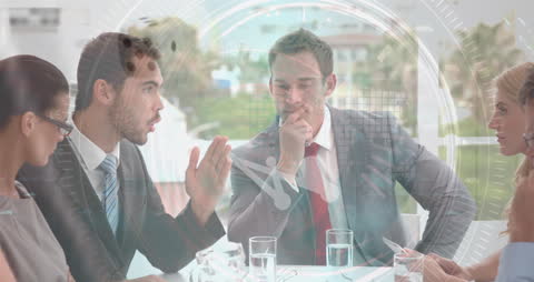 Business Meeting Analyzing Data with Futuristic Technology Overlay