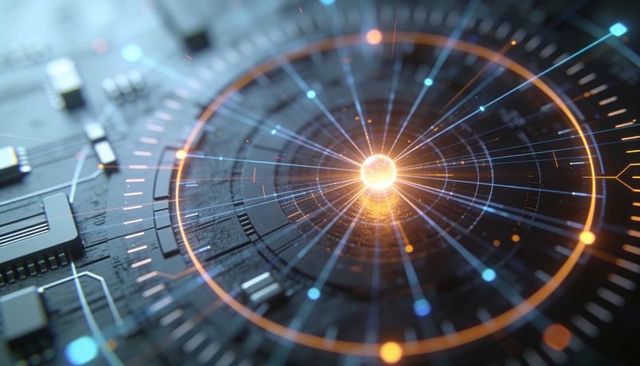 Glowing Orb Emitting Radial Holographic Interface Over PCB, Futuristic Tech Visualization