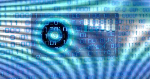 Pulsing surveillance lens glowing with binary code, neon glitch and digital security interface
