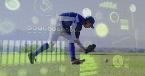 Baseball player in action with data overlay on fielding skills