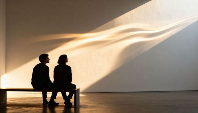 Couple Sitting on Bench Watching Light Waves Sweeping Gallery Wall, Minimal Silhouette