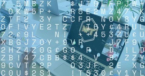 Remote team collaborating over encrypted data with code overlay on laptop and report