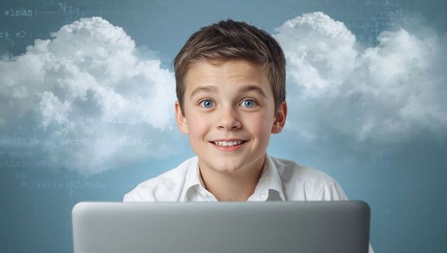 Happy Boy Exploring Technology and Cloud Computing Indoors