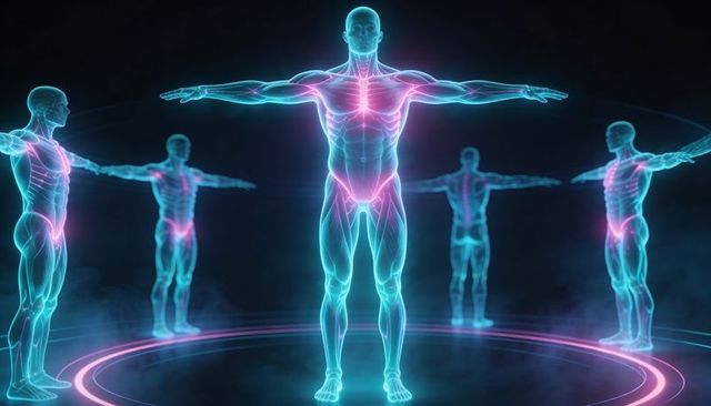 Futuristic holographic anatomy projection with neon rings and translucent musculature