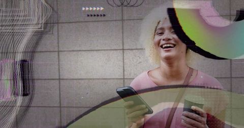 Smiling Woman Holding Smartphone and Coffee with Abstract Glitches