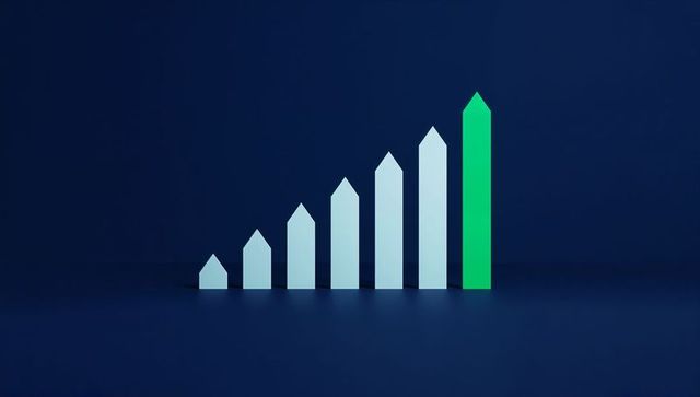 Minimalist 3D Growth Bar Graph with Highlighted Green Leader Column on Dark Blue Floor