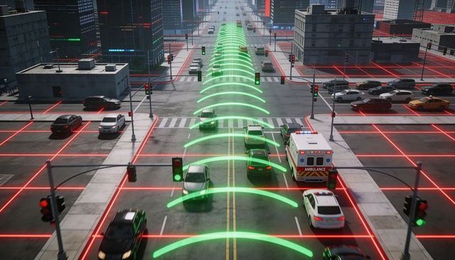 Connected vehicle network visualizing emergency corridor with sensor waves and traffic grid