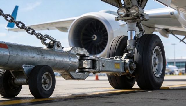 Aircraft nose landing gear coupling to towbar on airport ramp with jet engine background