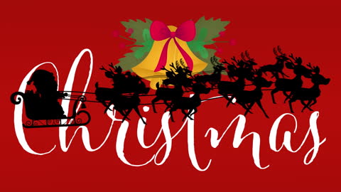 Santa in Sleigh with Reindeer Over Christmas Text on Red