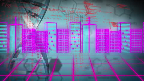 Futuristic Cityscape with DNA and Digital Data Overlay