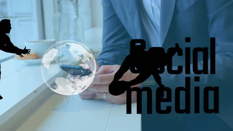 Businessman Using Smartphone with Global Social Media Overlay