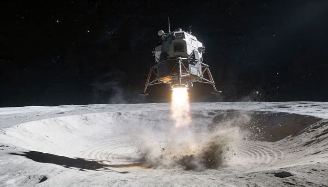 Lunar lander descending over massive crater with thruster plume and dust ejecta