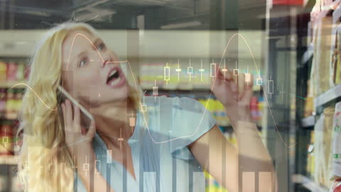 Smiling Woman on Smartphone with Data Graphics Overlay