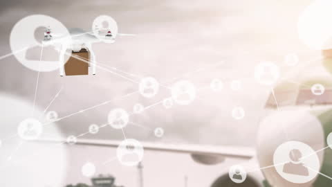 Drone Delivering Package Amid Digital Connectivity Overlay