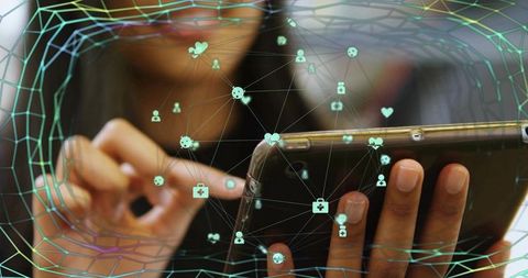 Hands Interacting with Smartphone and Digital Network