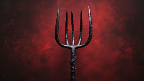 Ominous Blackened Pitchfork Against Red Background