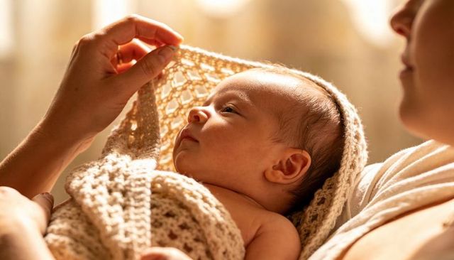 Parent cradling newborn under cream knit blanket in warm window light