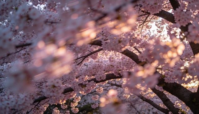 Dreamy pink cherry blossom canopy at golden hour with soft bokeh and scattered petals