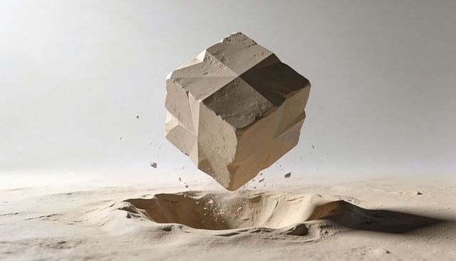 Floating Carved Sand Cube Hovering Above Crater Minimalist Surreal Granular Composition