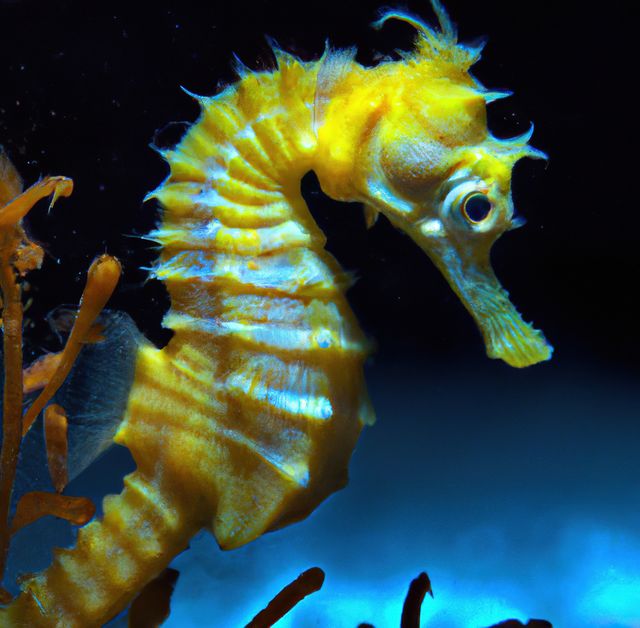 Close-up of a yellow seahorse gliding gracefully through the ocean. Perfect for marine biology studies, nature-centric websites, and educational materials showcasing oceanic wildlife.