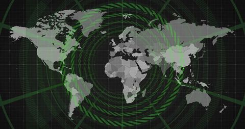 Global map scanning with neon radar rings and grid interface for cybersecurity dashboard