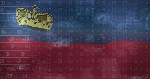 Liechtenstein flag with golden crown overlaying translucent market data and currency tickers