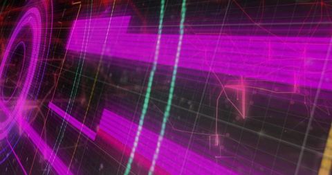 Magenta Neon Bars Rotating in Futuristic 3D Holographic Interface with Concentric Rings