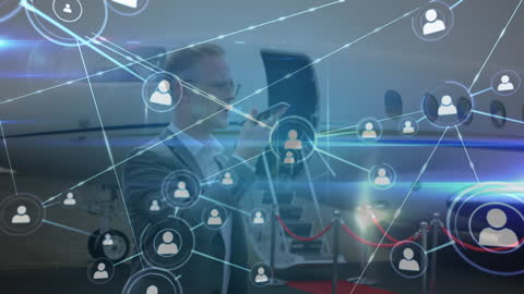 Businessman Using Smartphone with Digital Network Overlay at Airport